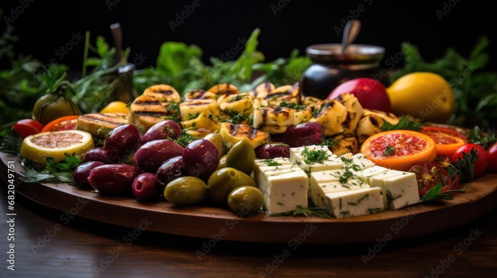  a platter of cheese, olives, tomatoes, tomatoes, and other vegetables on a wooden platter with a knife and a teapot in the background.