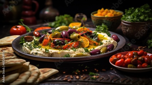  a platter of hummus, olives, tomatoes, peppers, and pita bread with pita bread and other food on the side of the table.
