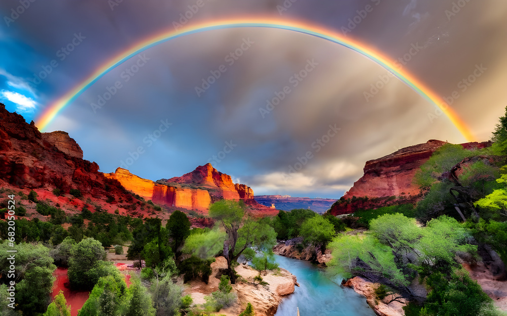 A Radiant Tapestry, Rainbow Embrace over Tranquil Canyon Bliss