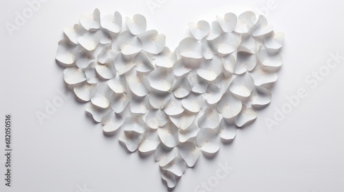  a heart - shaped arrangement of white petals on a white background, arranged in the shape of a heart, in the center of the center of the image is a smaller petals.
