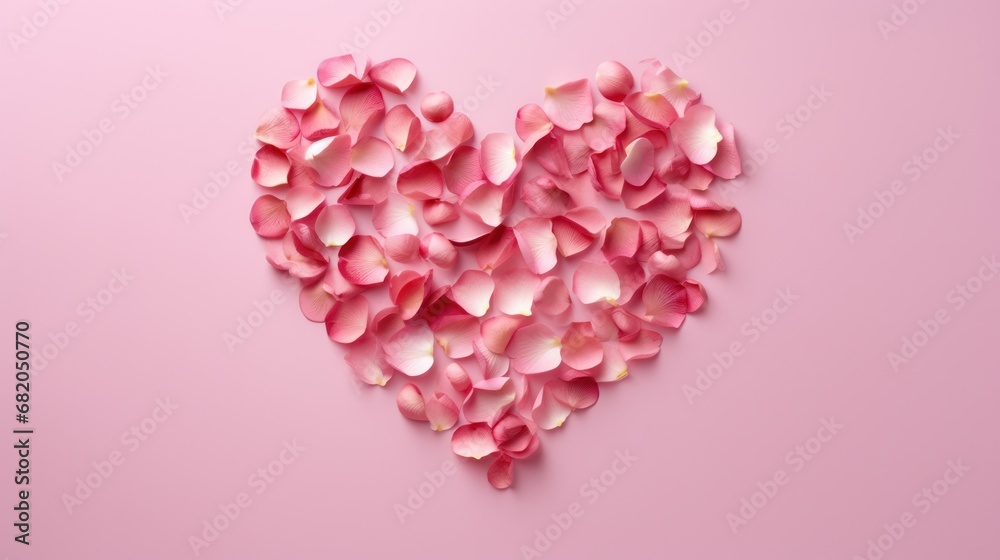  a heart shape made of pink petals on a pink background with space for a text or a picture to put on a card or brochure for a valentine's day.