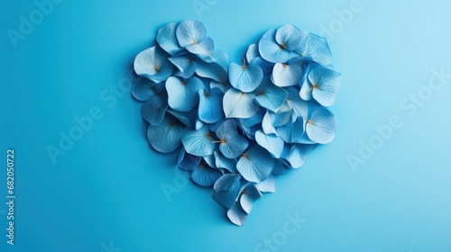  blue flowers in the shape of a heart on a blue background, top view, flat lay, copy - up, copy - up, copy - up, copy - space.