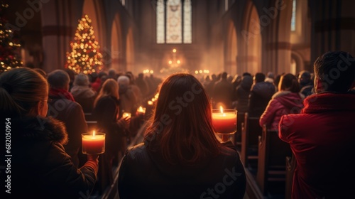  a group of people standing in front of a church with candles in each of their hands and a christmas tree on the other side of the church's wall.