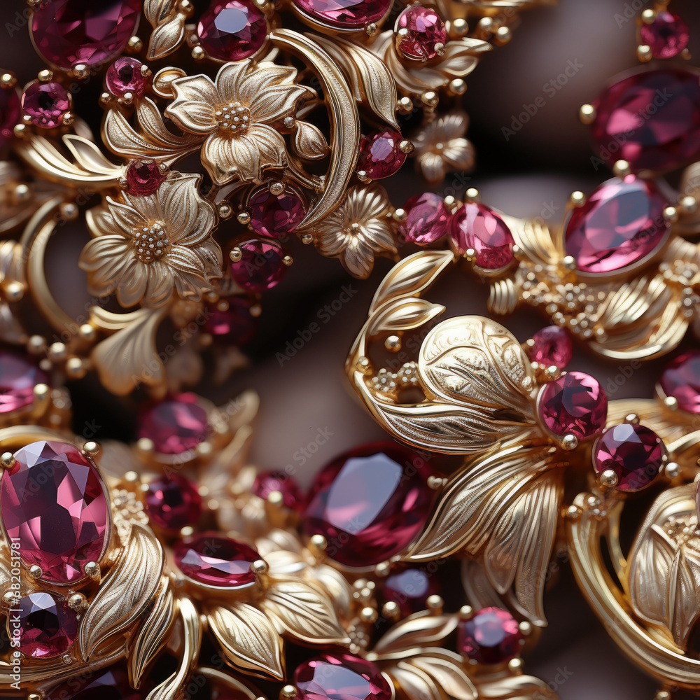 Luxury jewelry seamless pattern. Gold an gems background.