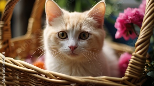 Cute kitten sitting in a basket