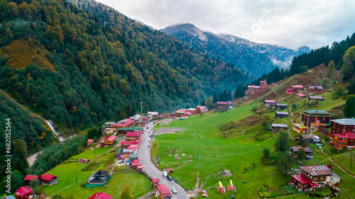 General landscape view of Ayder Plateau in Rize. Ayder Plateau has a wide meadow area with excellent nature views and wooden chalets. Rize, Camlihemsin, Turkey.