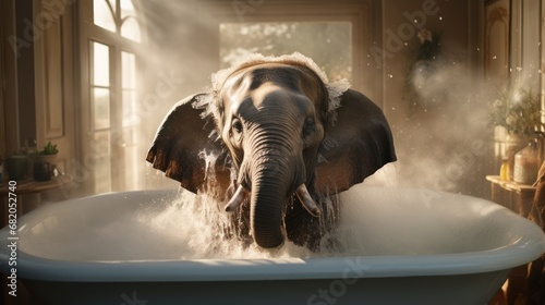  an elephant taking a bath in a bathtub with steam coming out of it's trunk and tusks sticking out of it's trunk, in front of a window.