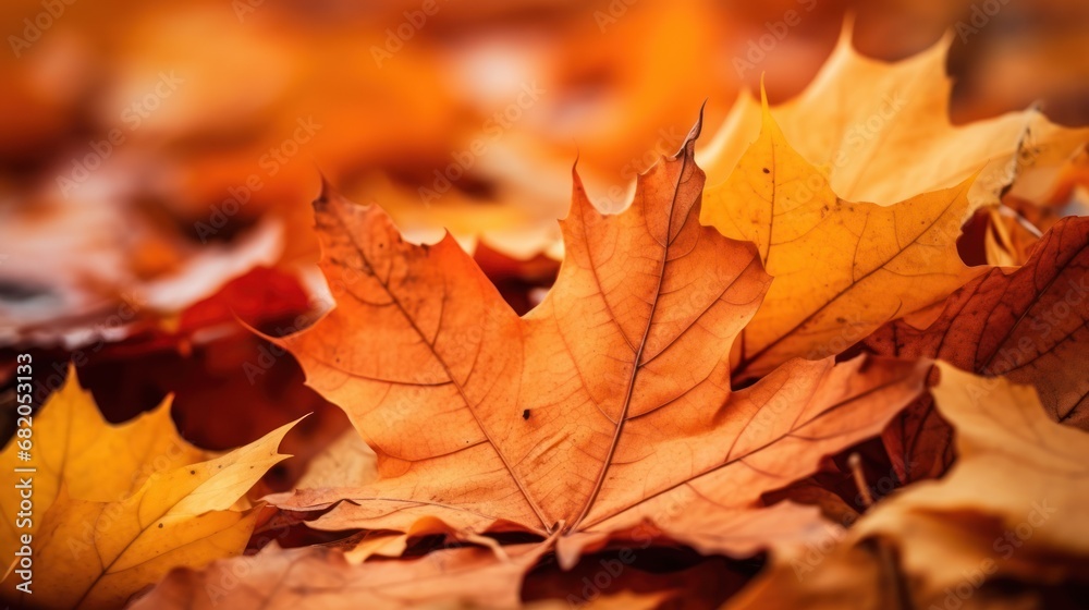  a group of yellow and red leaves laying on top of a pile of brown and orange leaves on a ground covered in leaves and leaves, with a blurry background.