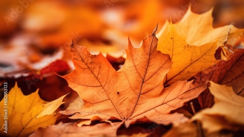  a group of yellow and red leaves laying on top of a pile of brown and orange leaves on a ground covered in leaves and leaves, with a blurry background.