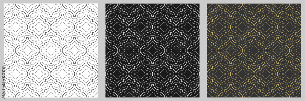 set of editable seamless abstract patterns on black and white backgrounds for textures, textiles, simple backgrounds and creative design