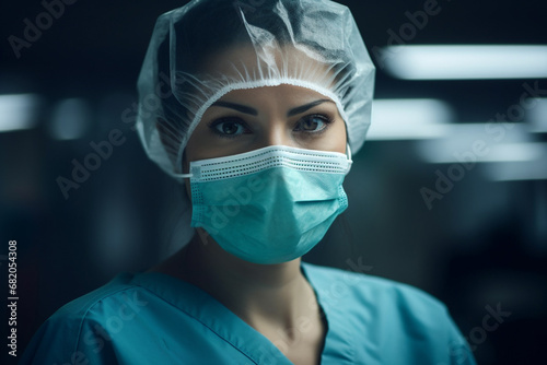 The portrait of a female medical surgeon staff wearing surgical mask and cap looking at a camera in a hospital surgical operating room. Generative AI.