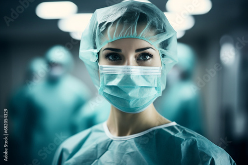 The portrait of a female medical surgeon staff wearing surgical mask and cap looking at a camera in a hospital surgical operating room. Generative AI.