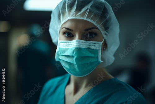 The portrait of a female medical surgeon staff wearing surgical mask and cap looking at a camera in a hospital surgical operating room. Generative AI. photo