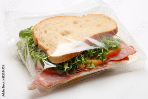 Sandwich with meat and vegetables in transparent packaging on a white background. AI generative