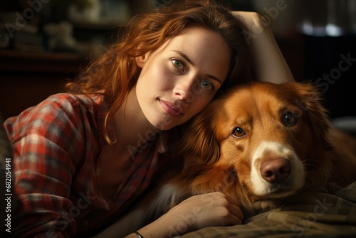 Beautiful woman is laying and hugging with dog