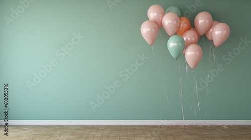  a bunch of balloons floating in the air in front of a wall with a wooden floor and a light green wall in the corner of a room with a wooden floor.