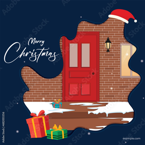 Vector illustration Merry Christmas with cute dog wearing Santa dress and decorated house Post Template