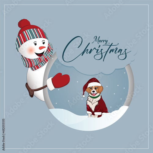 Vector illustration Merry Christmas with snowman and cute dog wearing Santa dress Post Template