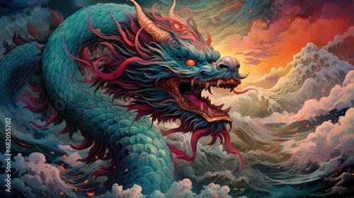 Illustration of a Chinese oriental dragon in the clouds. Symbol of the new year. Tattoo  illustration for printed matter