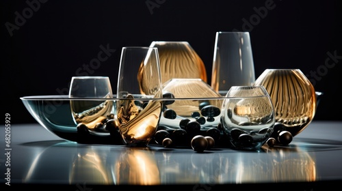  a group of wine glasses sitting on top of a table next to a bowl of olives and a wine glass on top of a table next to a bowl of olives.