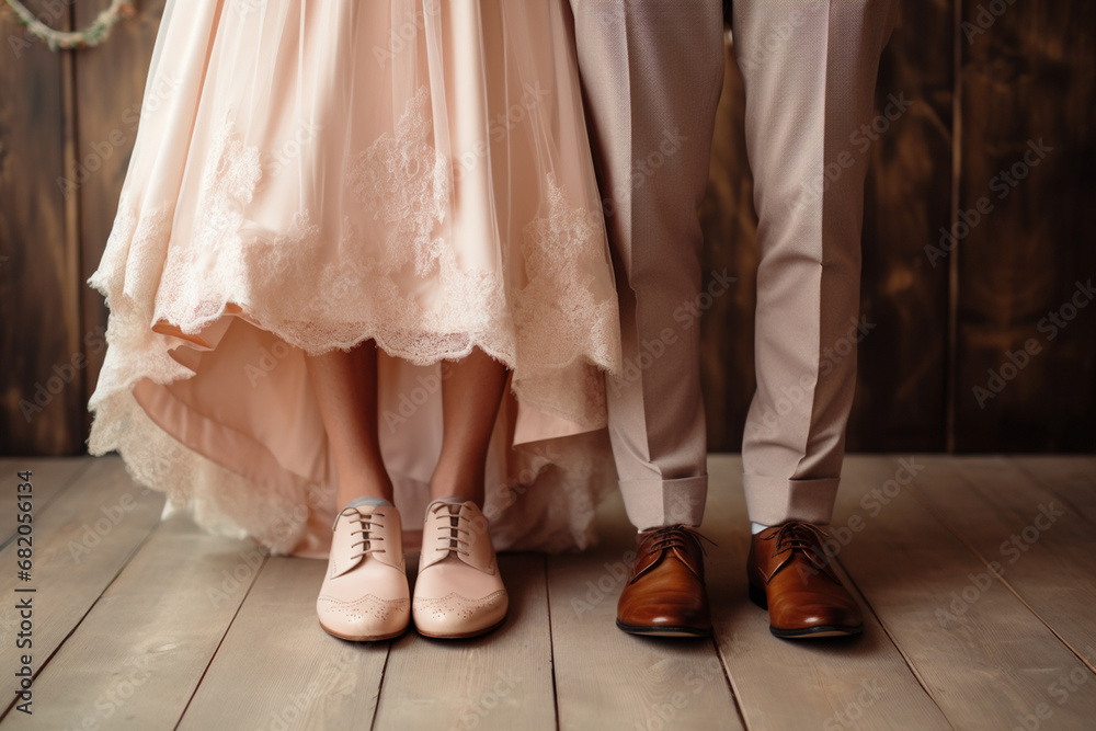 The close up bottom view of footwear shoes of a bride and groom in suit and dress in a wedding ceremony. Generative AI. The close up bottom view of footwear shoes of a bride and groom in suit and dress in a wedding ceremony. Generative AI.