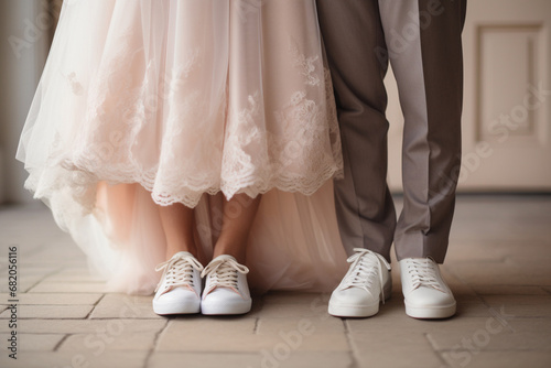 The close up bottom view of footwear shoes of a bride and groom in suit and dress in a wedding ceremony.  Generative AI.