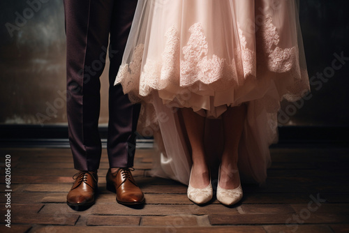 The close up bottom view of footwear shoes of a bride and groom in suit and dress in a wedding ceremony. Generative AI.