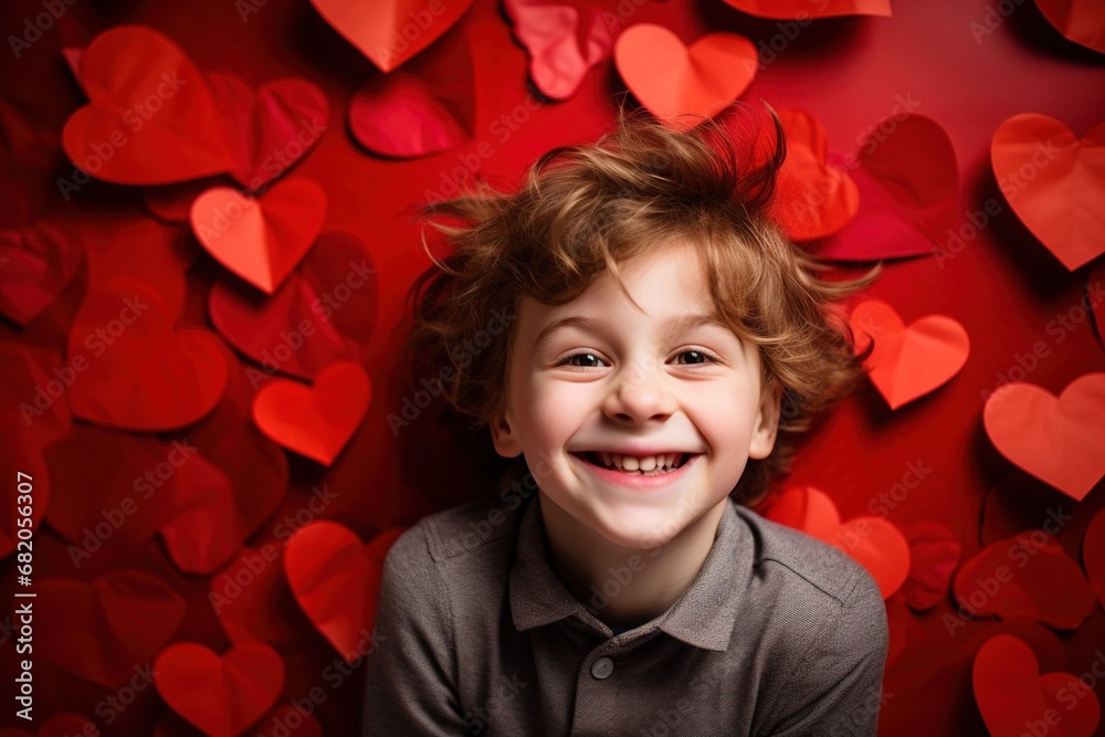 Happy little boy with red hearts on Valentine's Day.