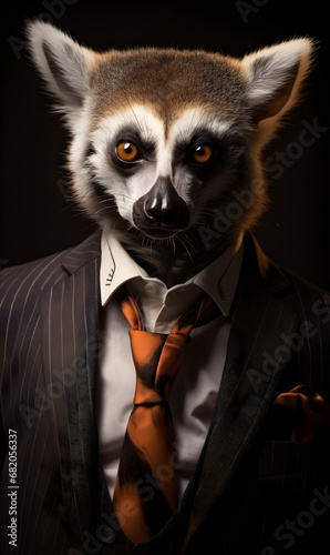 portrait of lemur dressed in an elegant patterned suit with tie, confident and classy high Fashion portrait of an anthropomorphic animal, posing with a charismatic human attitude
