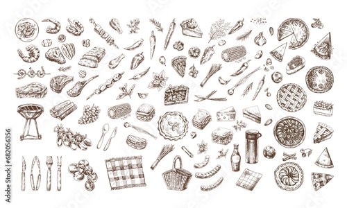 A set of hand-drawn sketches of barbecue and picnic elements. For the design of the menu of restaurants and cafes, grilled food. Doodle vintage illustration. Engraved image.