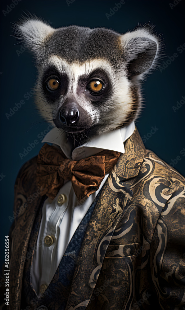 Obraz premium portrait of lemur dressed in an elegant patterned suit with tie, confident and classy high Fashion portrait of an anthropomorphic animal, posing with a charismatic human attitude