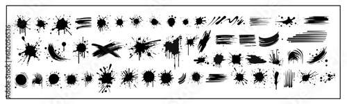 A collection of spots and stains. Black ink stains and dirt spots scattered with isolated drops and spots. Urban street style ink blots  dots or lines. Isolated vector illustration