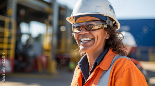 portrait of smiling mature female engineer on site wearing hard hat, high vis vest, and safety glasses photo