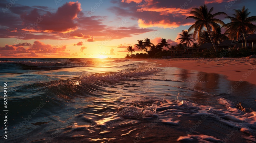 a vibrant sunset over the tranquil ocean waves