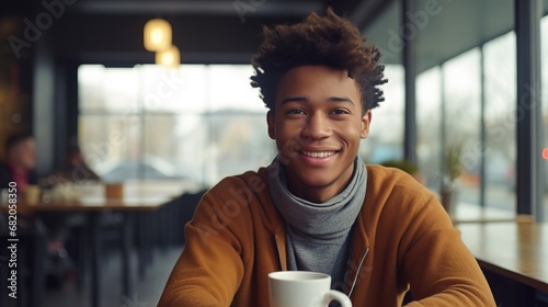 portrait of confident city citizen person enjoying weekend time drinking coffee in modern cafe