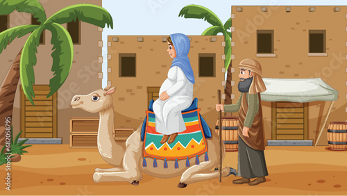 Mary and Joseph Cartoon Characters in Middle Eastern Town