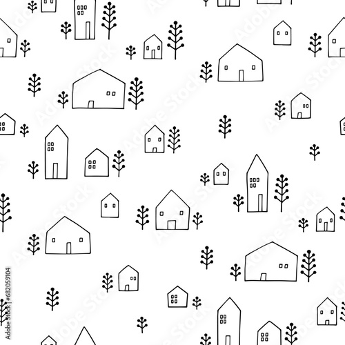 Seamless pattern with hand-drawn whimsical little houses and trees in black and white.