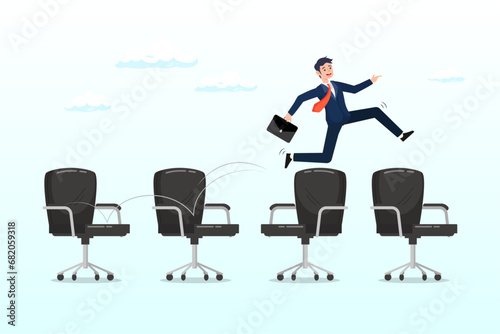 Cheerful businessman candidate jumping from office chair to new office metaphor of often changing job, job hopping, change many jobs in short time, move to new better career or position (Vector)