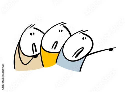 Funny crowd of teenagers discussing a classmate. Vector illustration of a stickman pointing his finger, calling and hating another boy.
