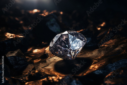 The close up of a transparent diamond is shining on a rough flat rock background with flickering light above. Generative AI.