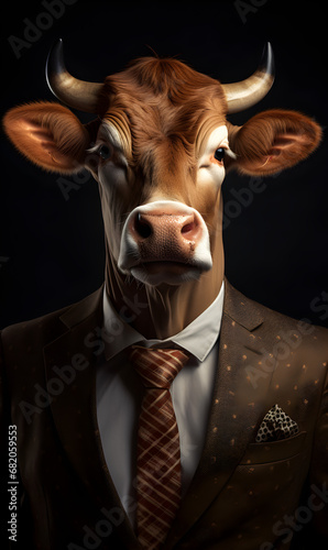 portrait of cow dressed in an elegant patterned suit with tie, confident and classy high Fashion portrait of an anthropomorphic animal, posing with a charismatic human attitude