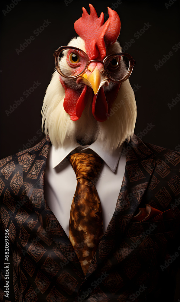 portrait of chicken dressed in an elegant patterned suit with tie, confident and classy high Fashion portrait of an anthropomorphic animal, posing with a charismatic human attitude