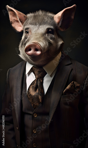 portrait of boar dressed in an elegant patterned suit with tie, confident and classy high Fashion portrait of an anthropomorphic animal, posing with a charismatic human attitude