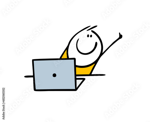 Satisfied stickman looks out from behind laptop and gives thumbs up, gesture of approval and delight. Vector illustration of good programmer, successful student online.