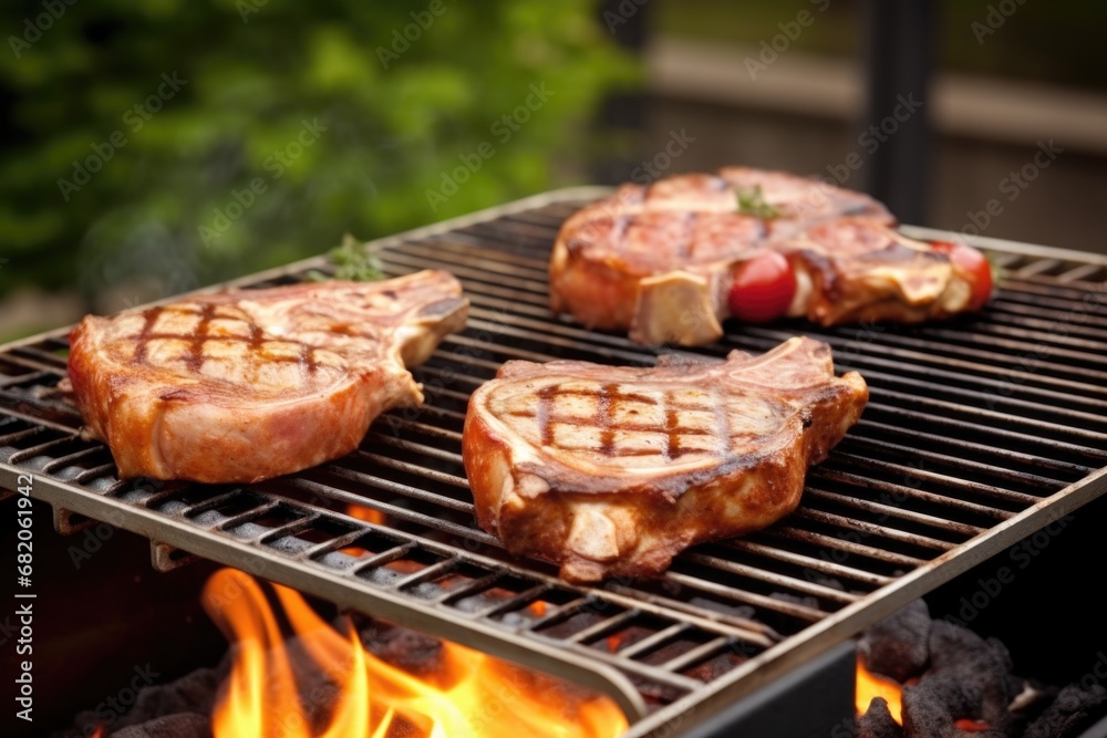 pair of veal chops sizzling on an outdoor gas grill