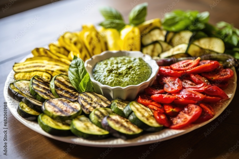 grilled vegetable platter with a dollop of fresh pesto