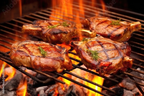 veal chops on a grill with flame