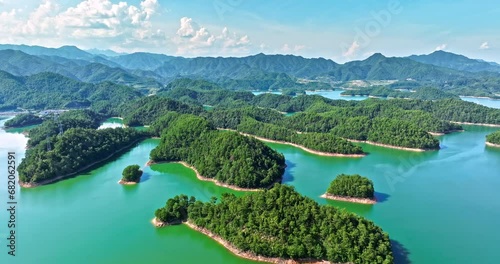 Aerial view of beautiful Qiandao Lake natural landscape in Hangzhou, Zhejiang Province, China. Green mountain and lake nature landscape in summer.