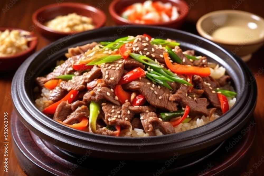 a stir-fry version of bulgogi served on a ceramic dish a stir-fry version of bulgogi served on a ceramic dish