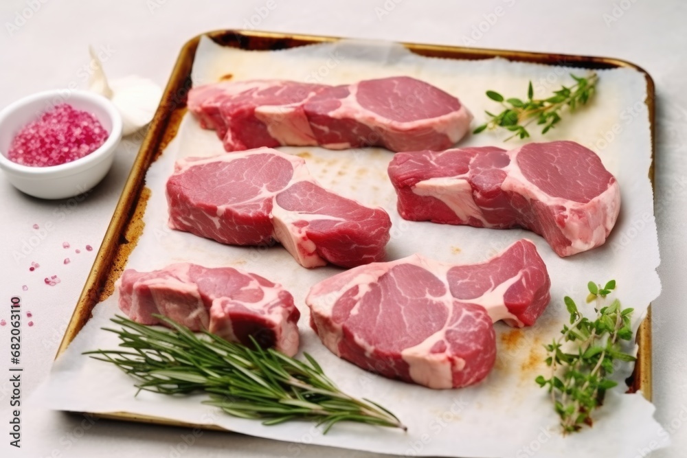 raw lamb chops with grill marks ready to be seasoned on a pink marble slab
